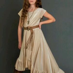 Joifolie Asymmetric Midi Dress with Ruffle Hem and Belt